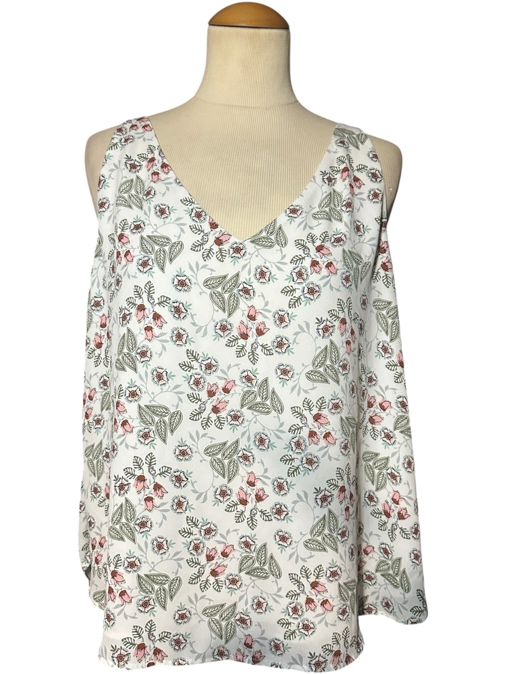 Loft Sleeveless V-Neck Floral Tank Top White Size L